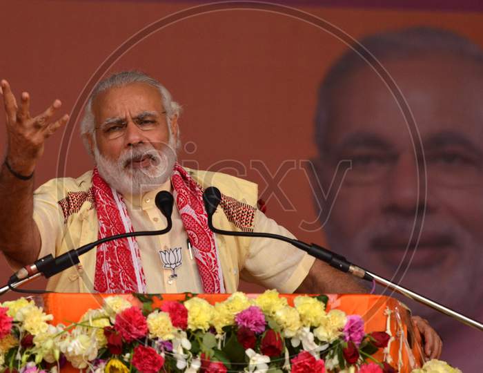Prime Minister Narendra Modi Adreesing A Election Rally At Bokakhat In Golaghat District Of Assam