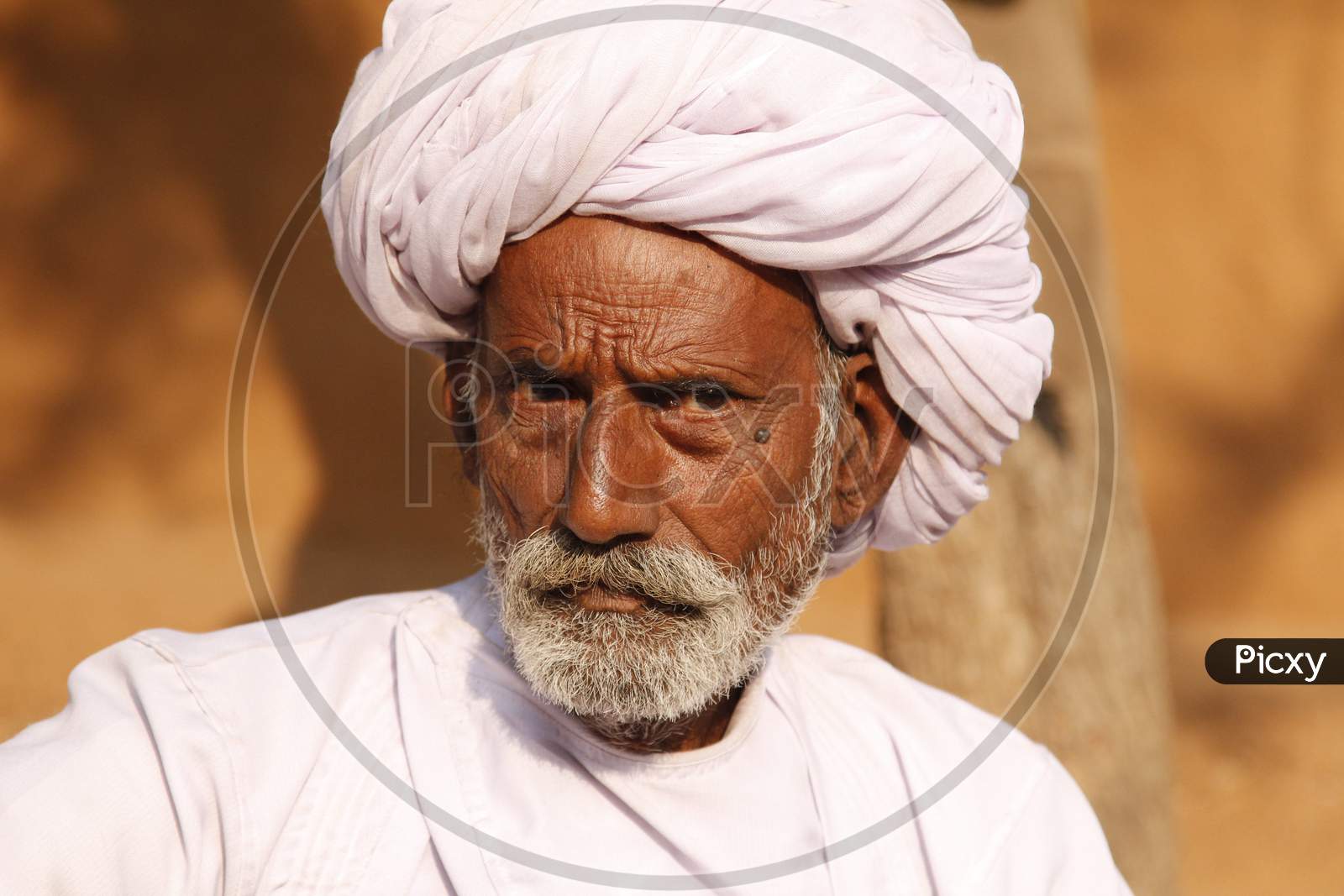 Portrait of Rajasthani Old Man with Turban on Head