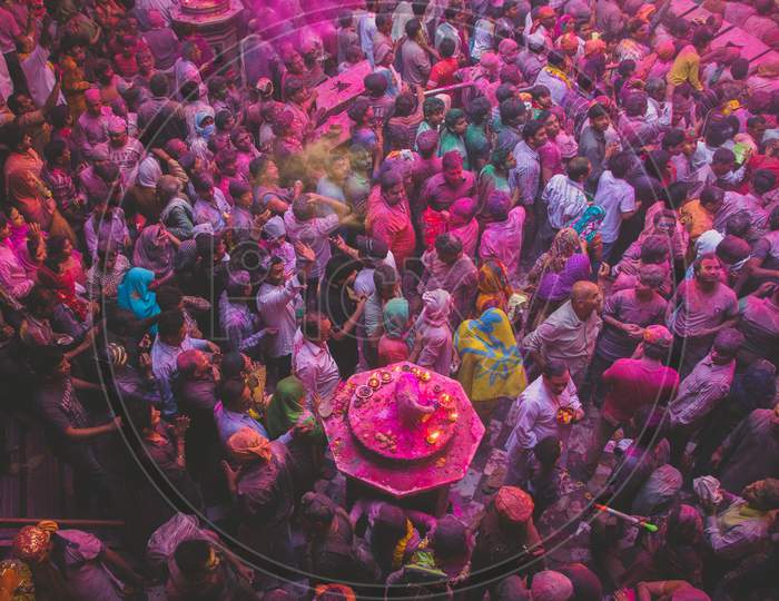 People Celebrating Holi Festival at Banke Bihari Temple, Vrindavan, Uttar Pradesh
