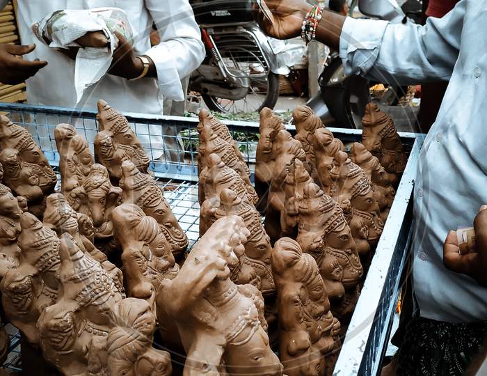 People purchasing Natural (Matti ) Ganesh Idol for Ganesh festival at dharmavaram