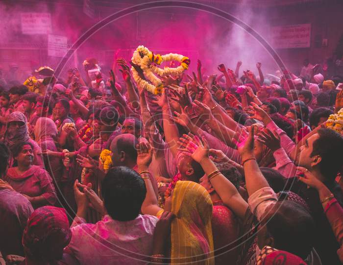 People Celebrating Holi Festival at Banke Bihari Temple, Vrindavan, Uttar Pradesh