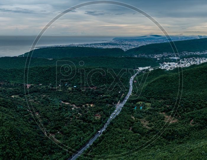 Aerial View of Kambalakonda Eco Tourism Park and Sea at Visakhapatnam