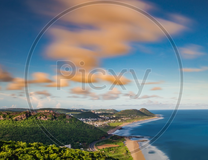 Aerial or Drone View of Visakhapatnam or Vizag Beach