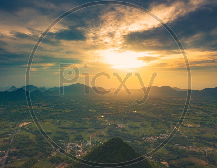 Aerial View of Visakhapatnam or Vizag with Sunset and Mountains in Background