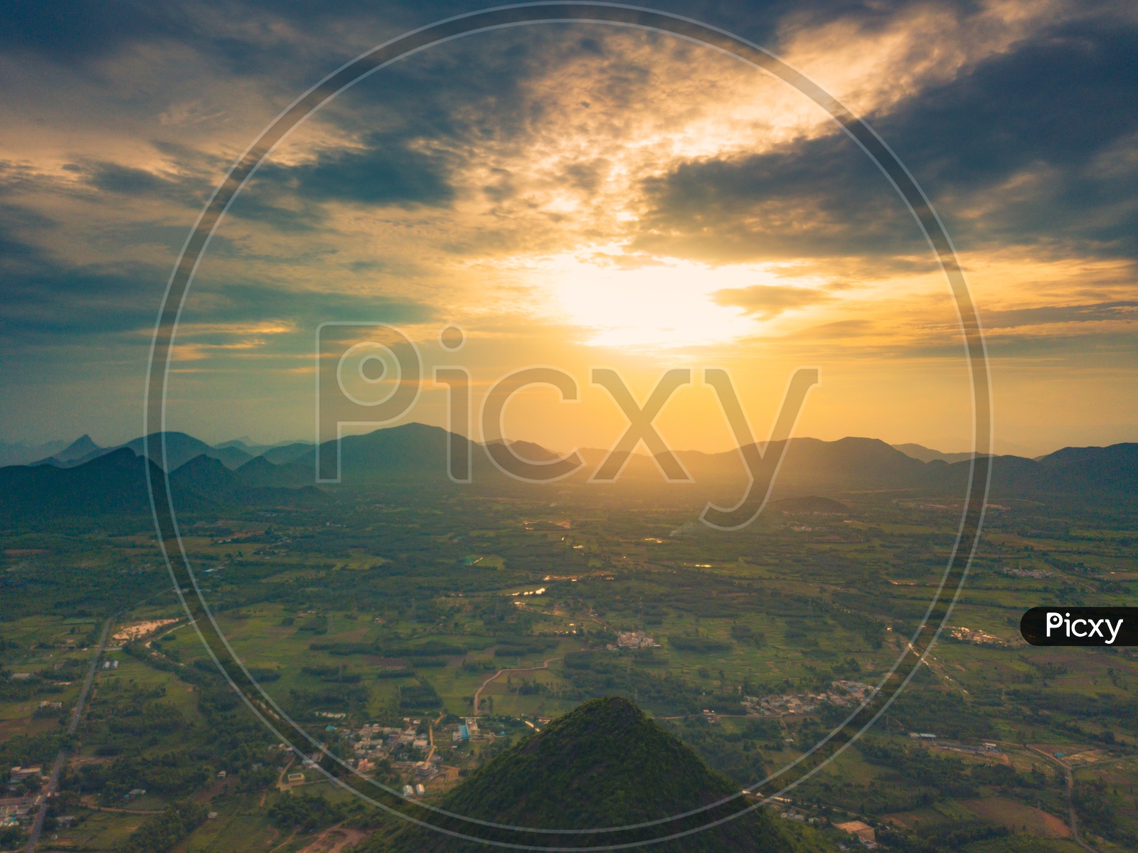 Aerial View of Visakhapatnam or Vizag with Sunset and Mountains in Background
