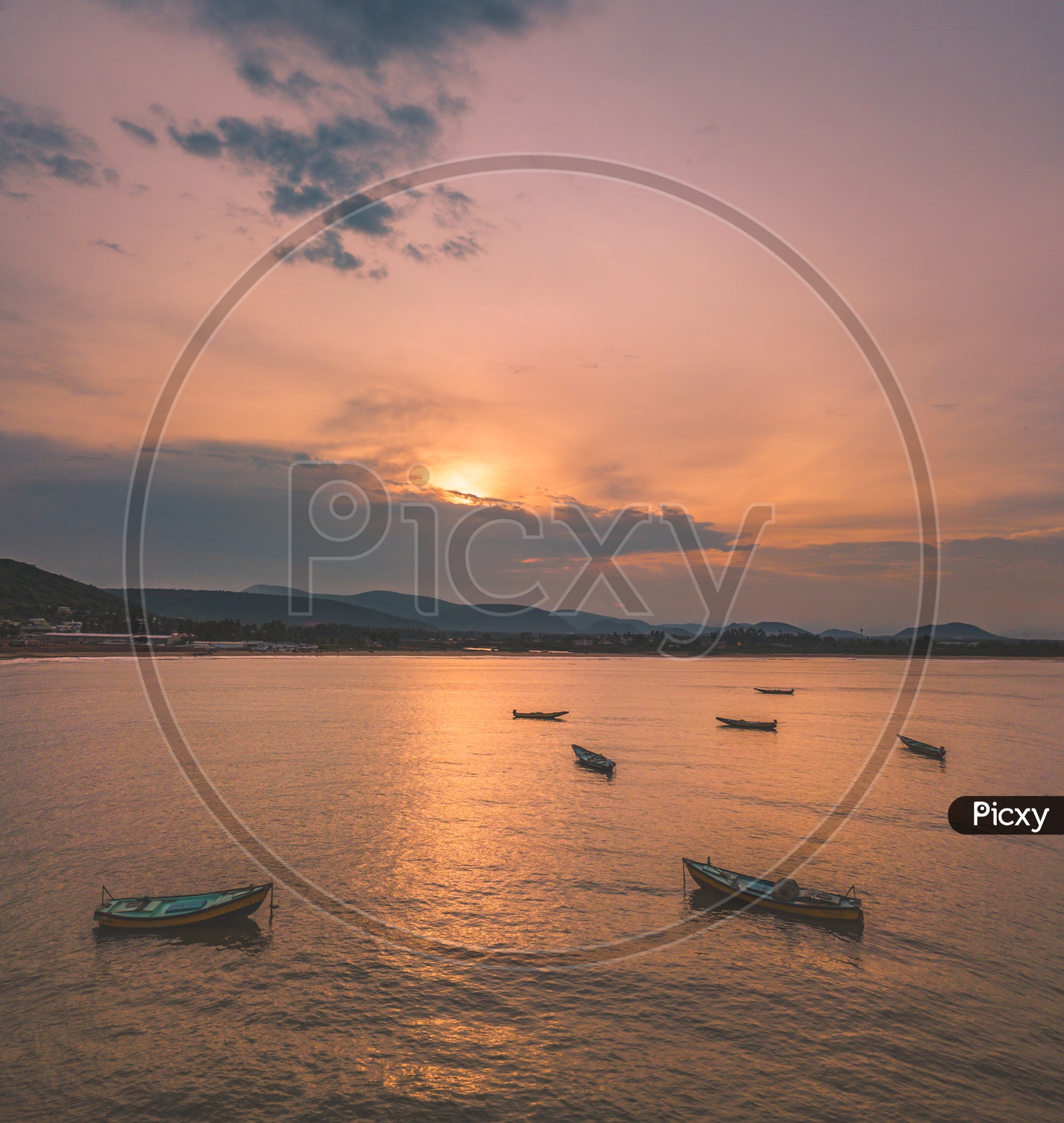 Fisherman Boats in Beach with Sunset in Background, Visakhapatnam