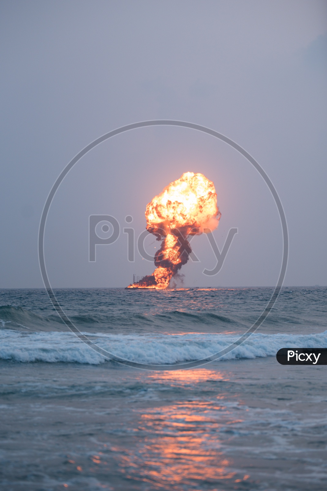 Explosion of a Dummy target by Indian Navy at a demonstration during Indian Navy Day celebrations in Visakhapatnam