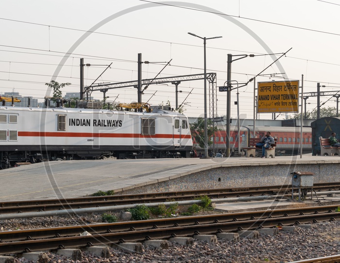 Indian Railway Engine and Railway Track at Anand Vihar Terminal railway station