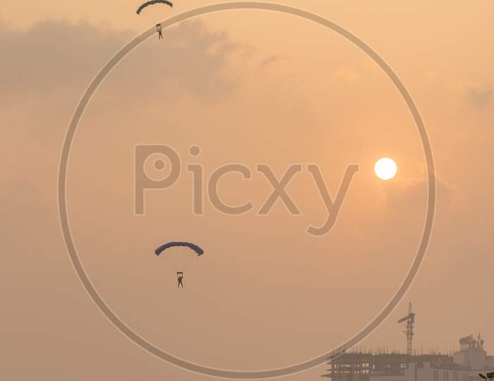 Indian Naval Officers Perform A Paragliding Stunt During Indian Navy Day Celebrations Visakhapatnam December 4 2019