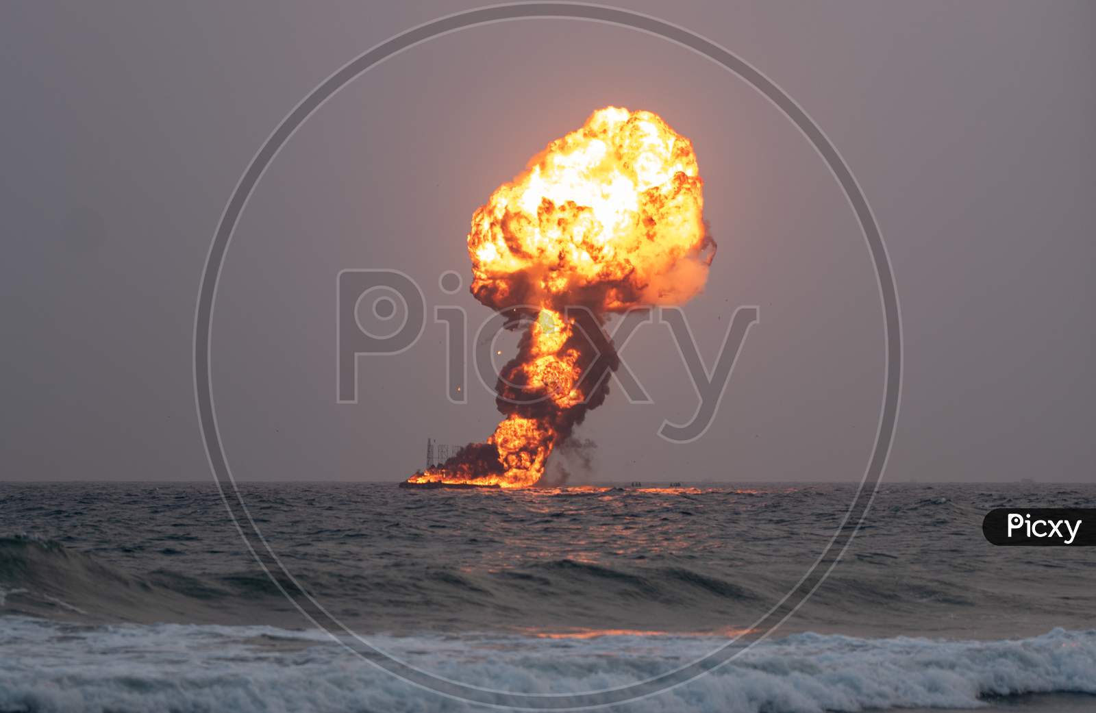 Explosion of a dummy target by Indian Navy on Navy Day,2019 in Visakhapatnam