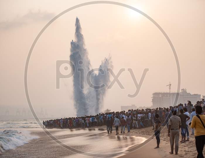 Explosion Of A Dummy Target By Indian Navy At A Demonstration During Indian Navy Day Celebrations In Visakhapatnam