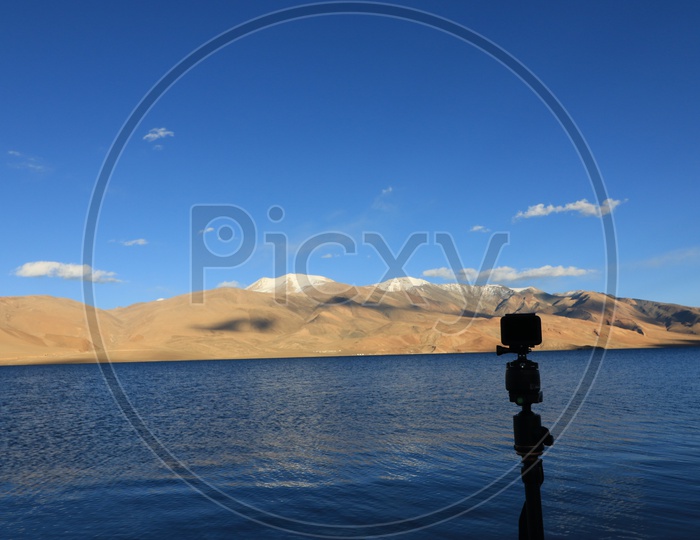 Landscapes of Leh - Snow capped Mountains & Lake - Camera in Silhouette