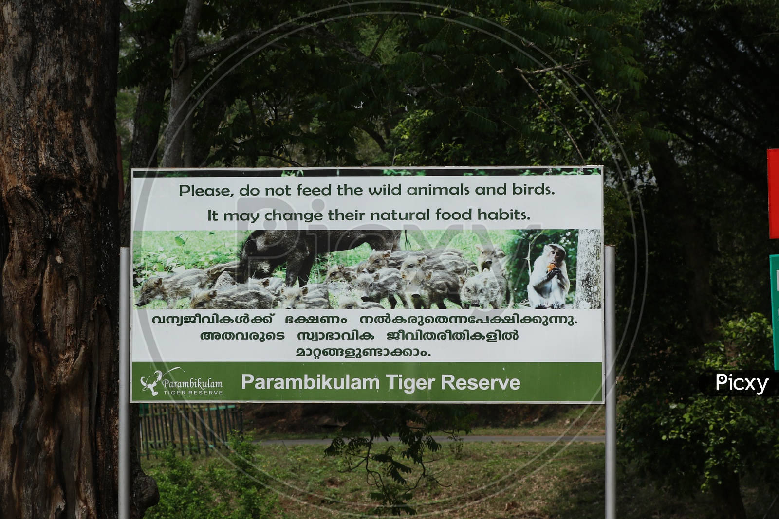 A hoarding indicating 'not to feed wildlife' at Parambikulam Tiger Reserve