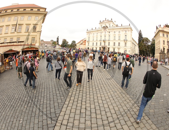 Tourists At a Street in prague