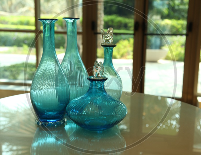 Blue Glass jars on a table