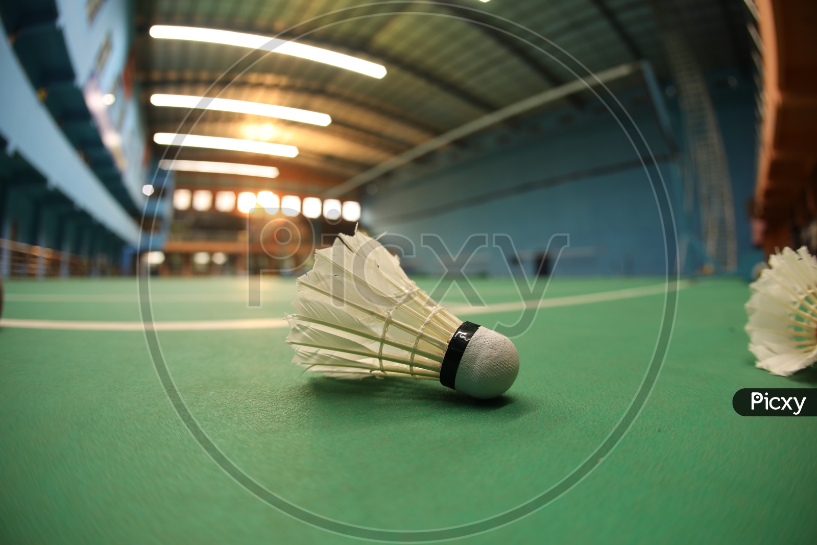 White badminton Shuttlecock on a green Shuttle Court Background