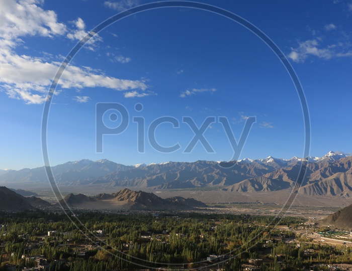 Landscape of beautiful snow capped mountains of leh