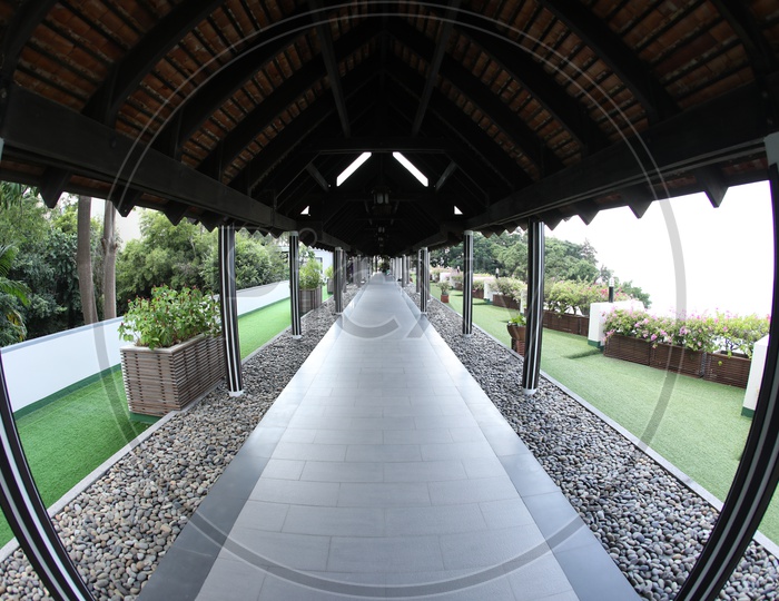 Corridor With tile Huts in a Resort