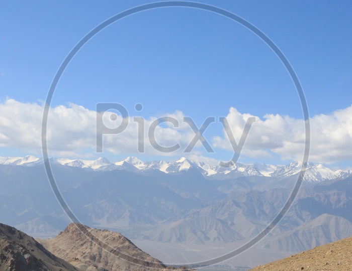 Valley views From The Hill tops In Leh with Snow Capped Mountains