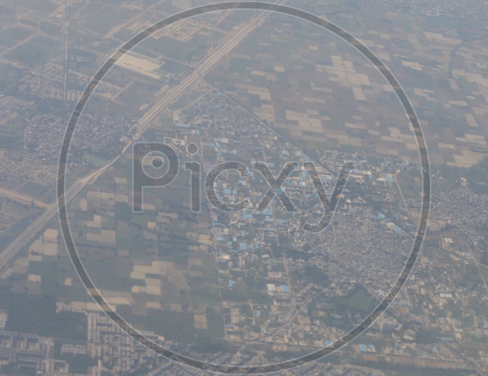 Aerial view of smog covered delhi