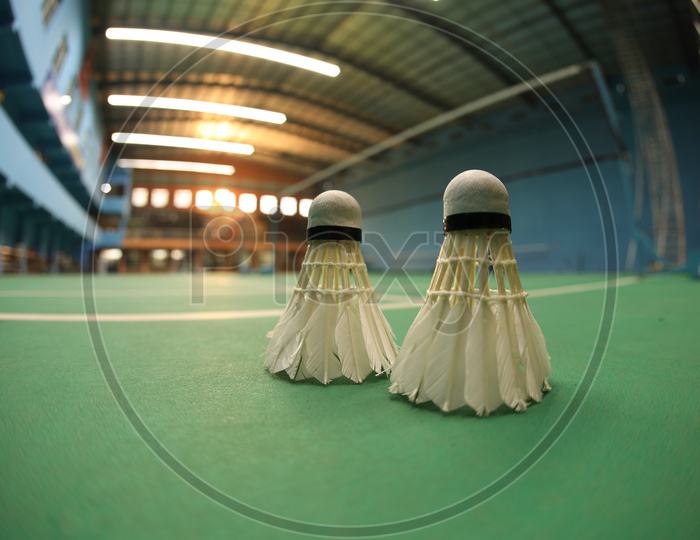 White badminton Shuttlecocks  on a green Shuttle Court Background