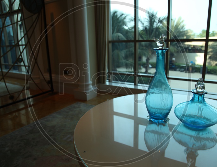 Blue Glass vases on a table