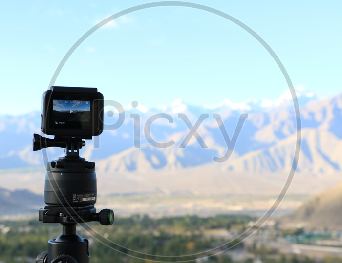 Landscape of beautiful Mountains of Leh in action camera screen
