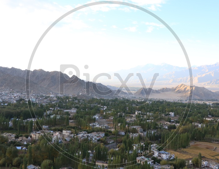 Beautiful mountains of leh With leh village in the foreground