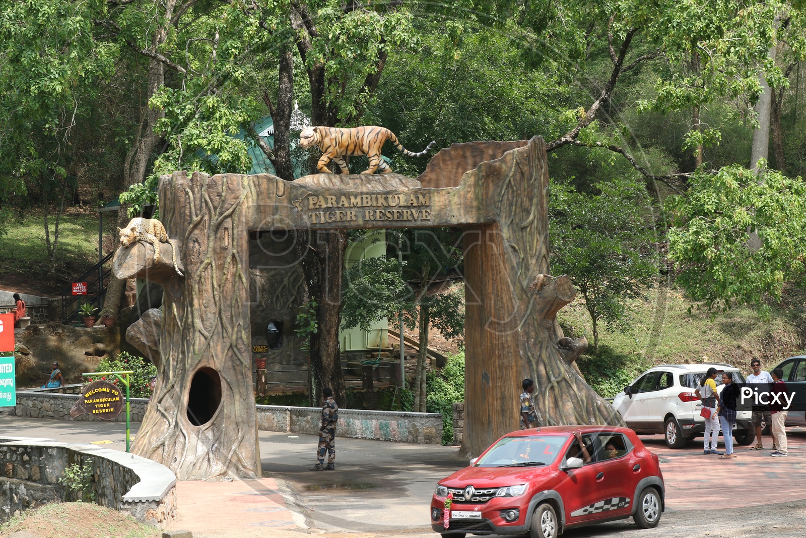 Entrance arch and road at Parambikulam Tiger Reserve