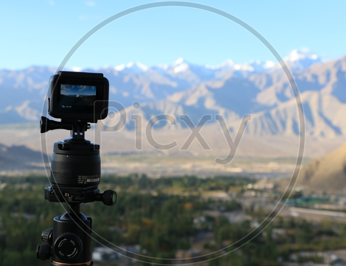 Landscape of beautiful Mountains of Leh in action camera screen