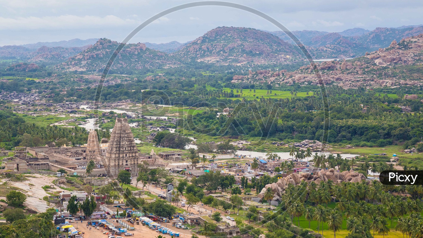 Aerial View of virupaksha temple with hampi Mountains