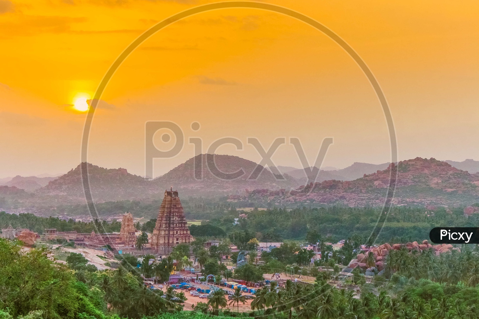 Beautiful view of virupaksha temple with sunset in Hampi