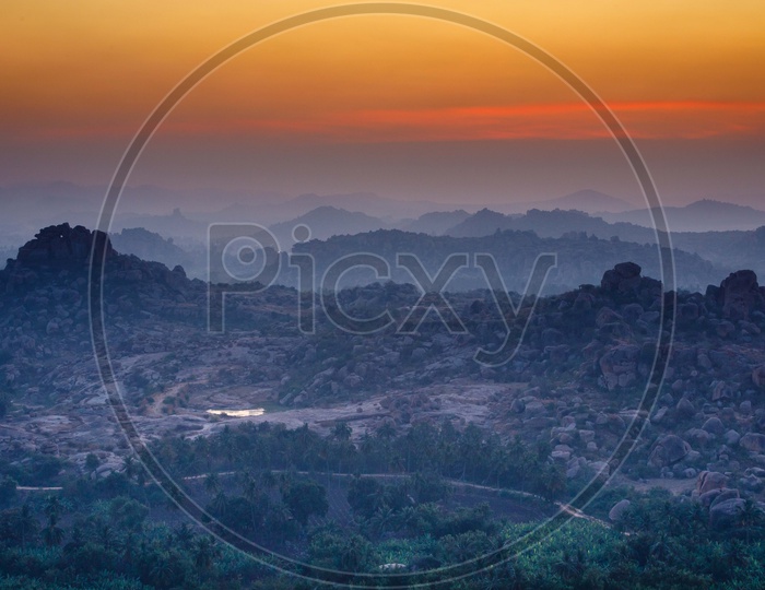 Mountains of Hampi with sunset sky