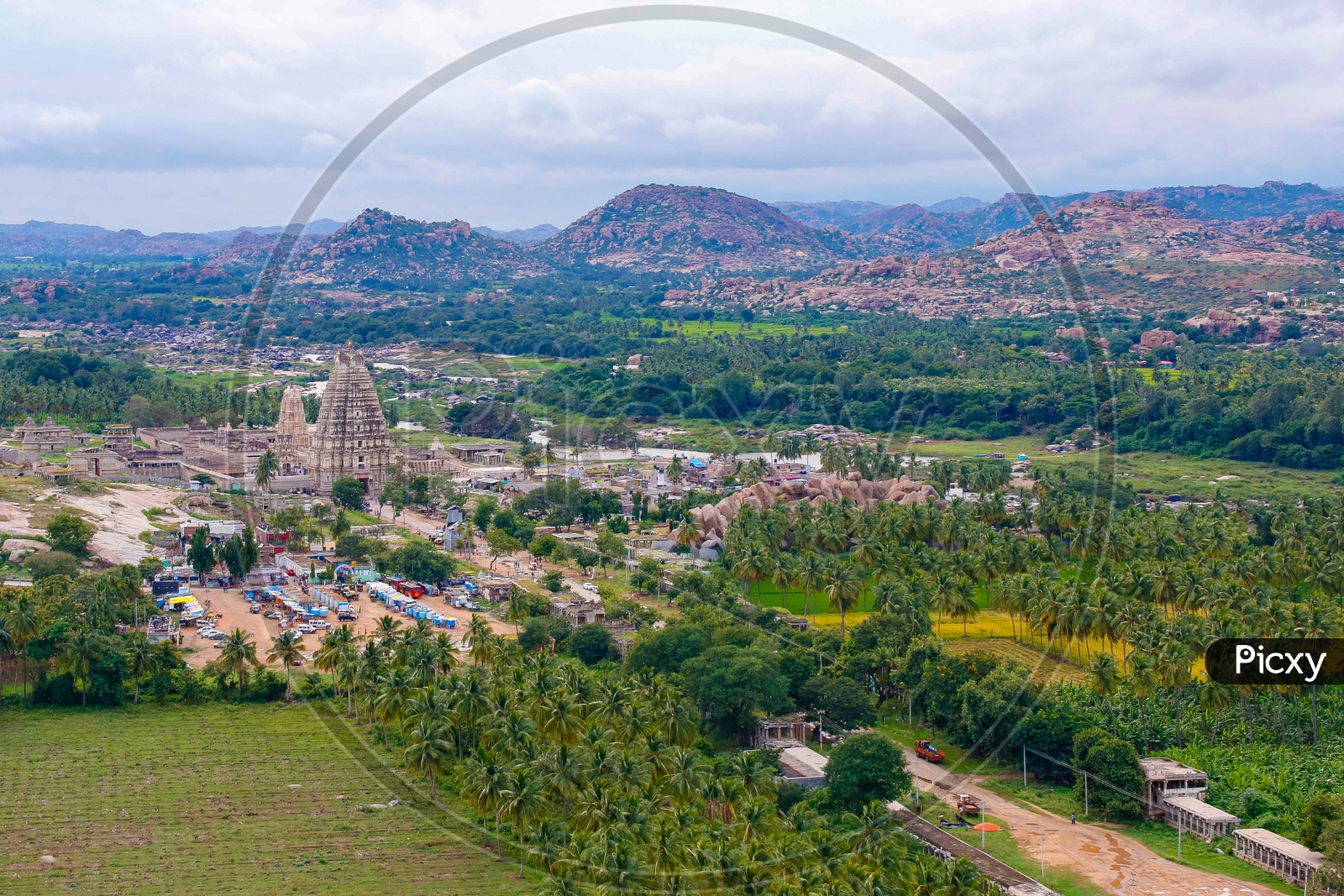 Beautiful Landscape of virupaksha temple with mountains in the background