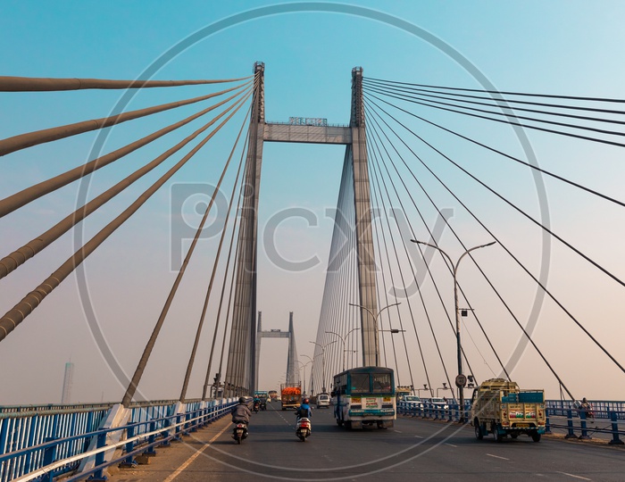 Vehicals moving on cable-stayed bridge in Kolkata