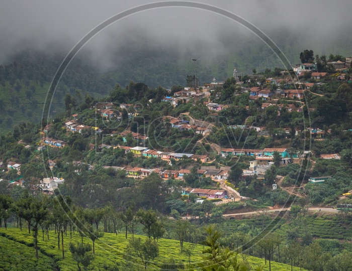 View of tea plantations and houses in Ooty
