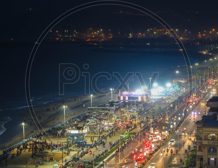 Night view of the main road along the Visakhapatnam beach