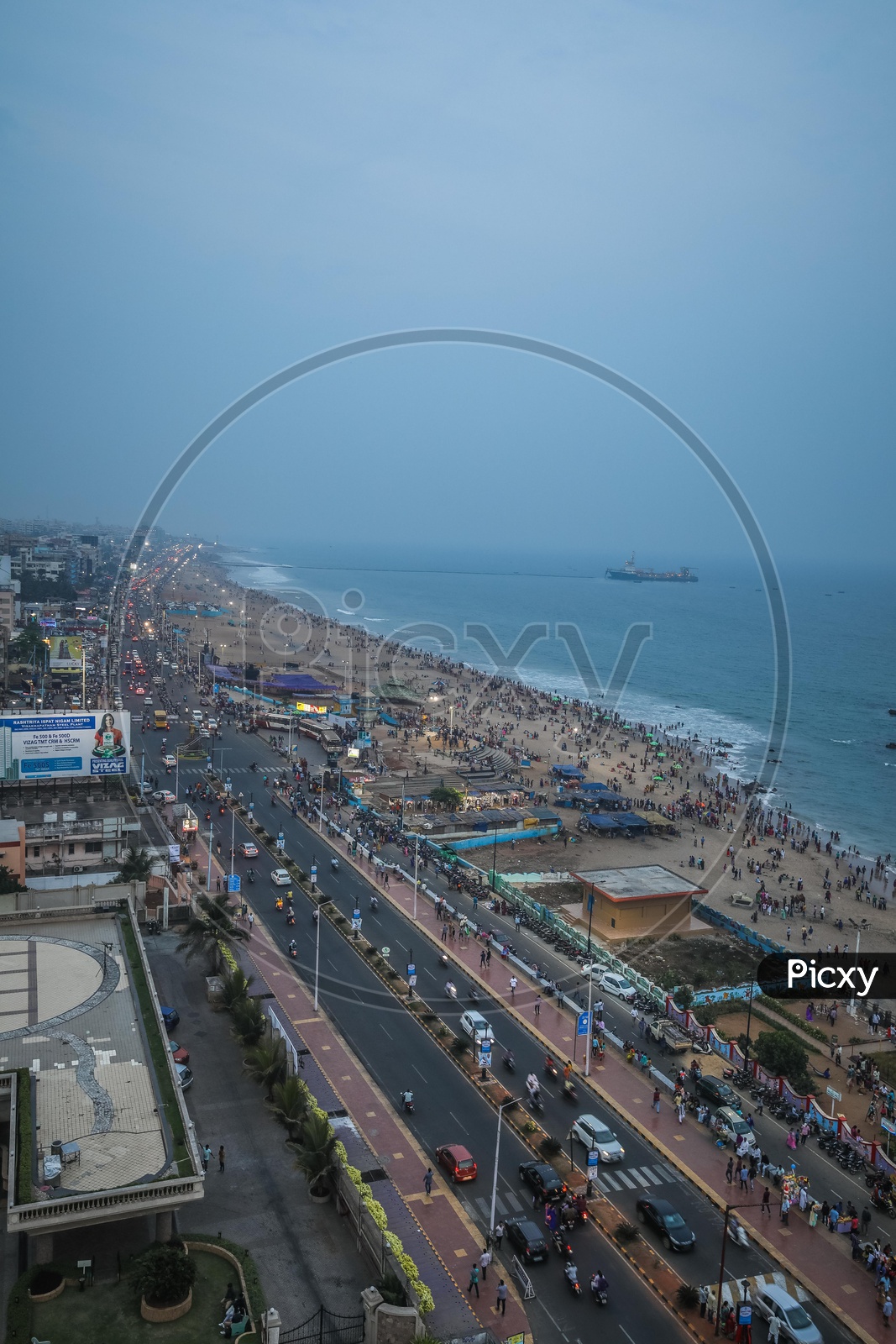 Top view the Vizag beach and traffic