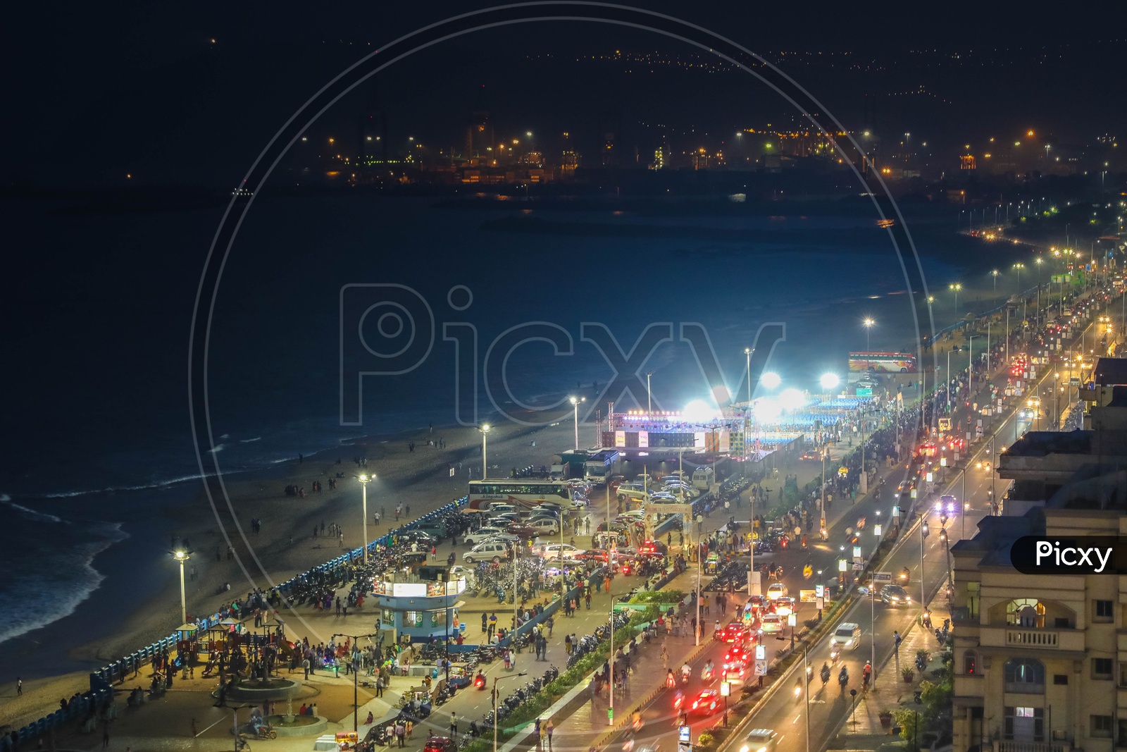 Night view of the main road along the Visakhapatnam beach