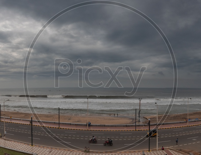 Panaromic view of Vizag beach road with a cloudy sky