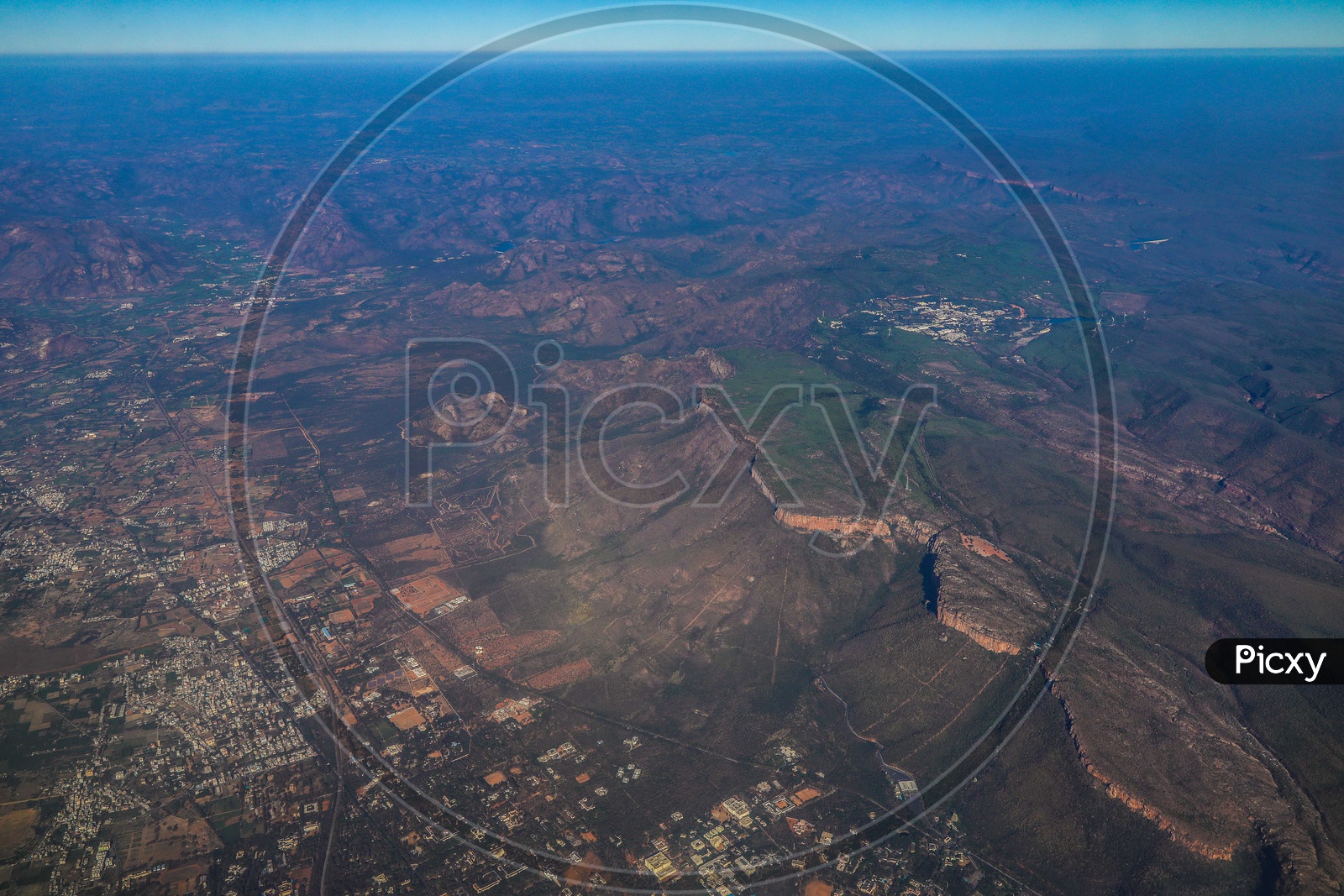 Aerial view of Tirumala Shrine, Tiirupathi Town and the Seven Hills