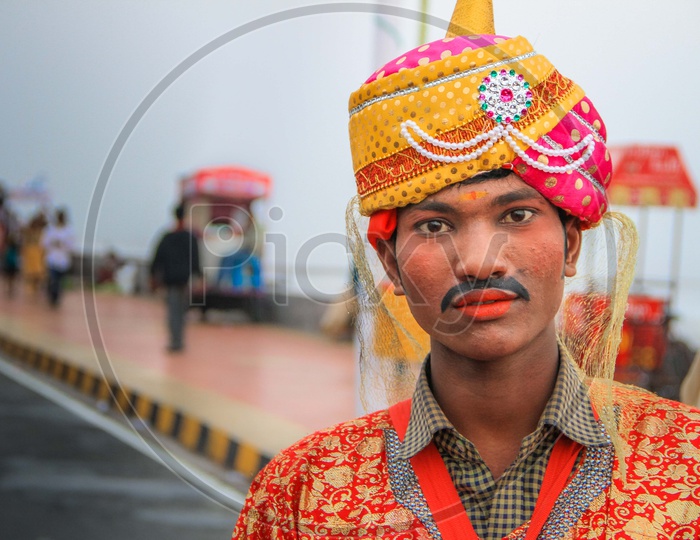 Portrait of a man dressed for a Indian Street play