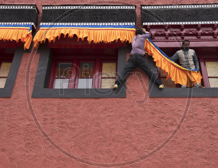 Workers Decorating Monastery in Leh