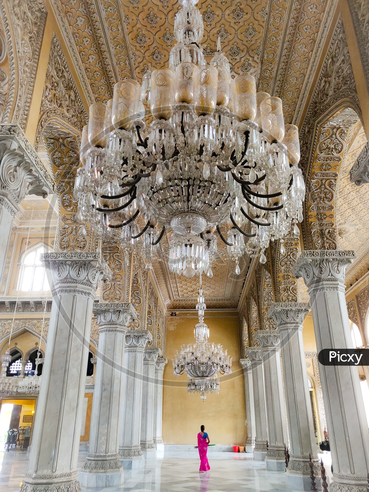Interiors of Chowmahalla Palace with Chandeliers