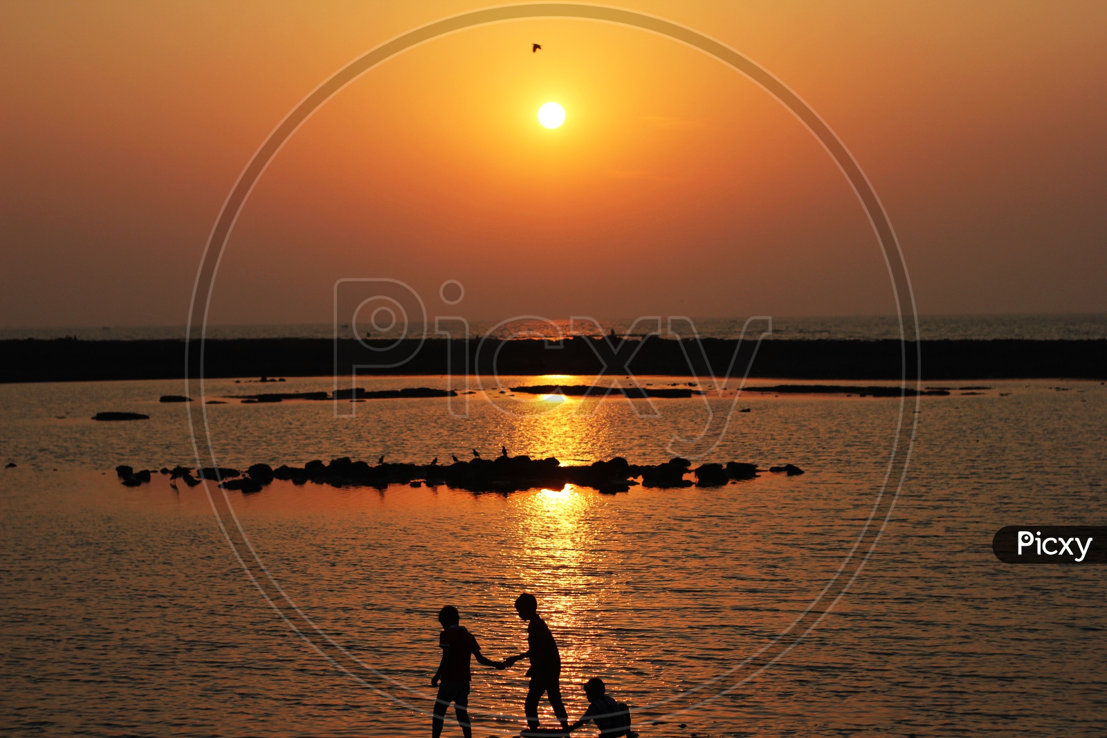 Kids playing along the beach during sunset