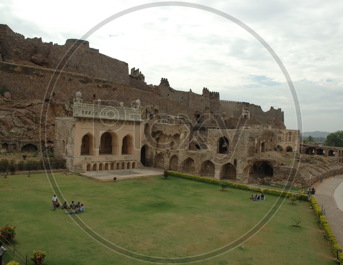 Beautiful view of Golkonda Fort with garden in the foreground  in Hyderabad