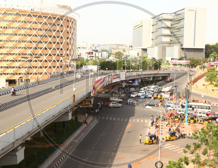 Ariel view of Hi-tech city flyover with traffic on the roads