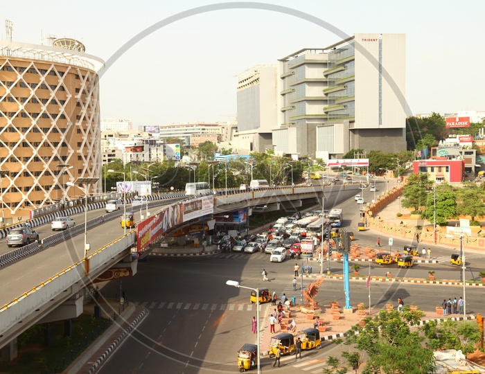 Ariel view of Hi-tech city flyover with traffic on the roads