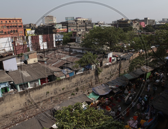 Slum area and flower market view in Kolkata