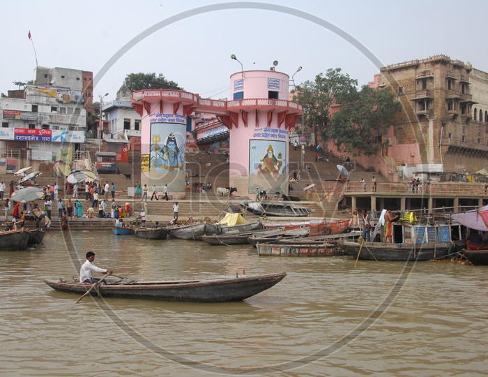 Boats in the river along the varanasi Ghats